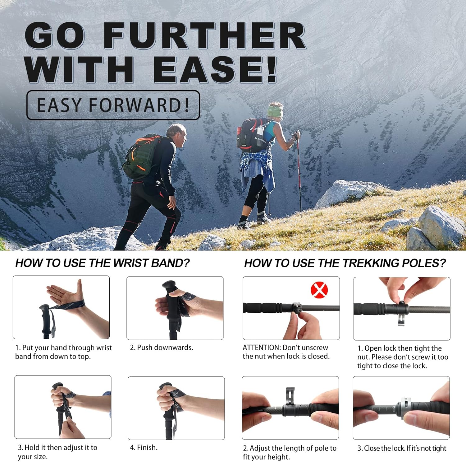 Aluminum Trekking Poles - Quick Adjustable Locks, Comfort Handle, Padded Strap, Snow Baskets - Walking Sticks Suitable for Hiking, Walking - Image 4