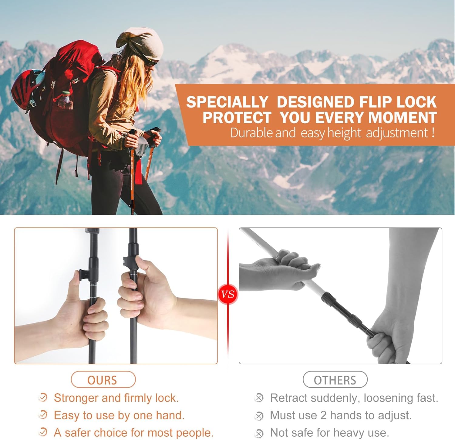 Aluminum Trekking Poles - Quick Adjustable Locks, Comfort Handle, Padded Strap, Snow Baskets - Walking Sticks Suitable for Hiking, Walking - Image 5